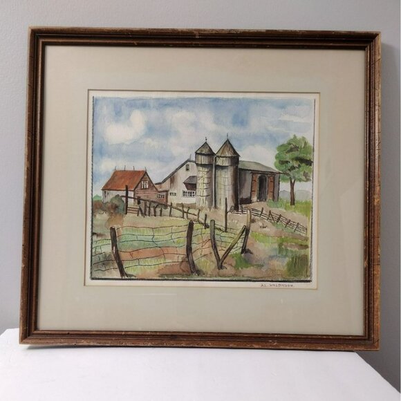 Vintage Watercolor Barn Framed Painting Signed A.L....